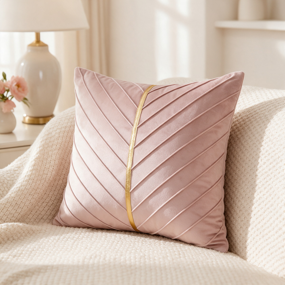 Blush pleated velvet cushion cover with gold centre stripe