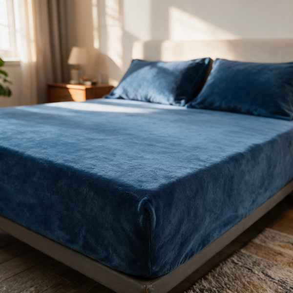 Velmesta Plush Fleece Bedding Sheet Set - fitted sheet and two matching pillowcases in blue fleece