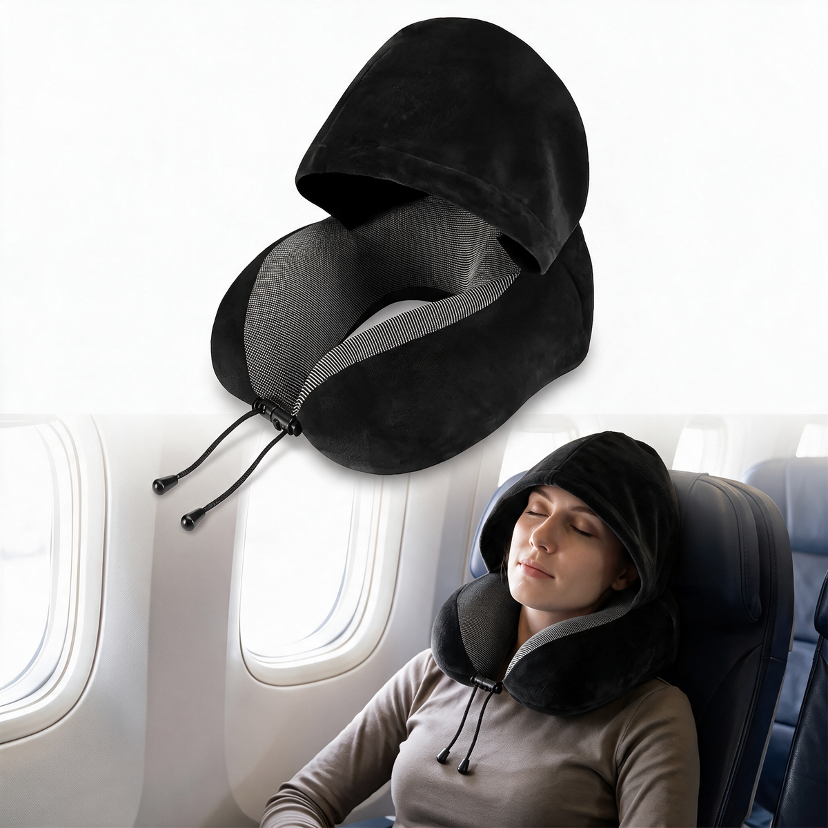 Velmesta Hooded U-Shaped Travel Pillow - Black
