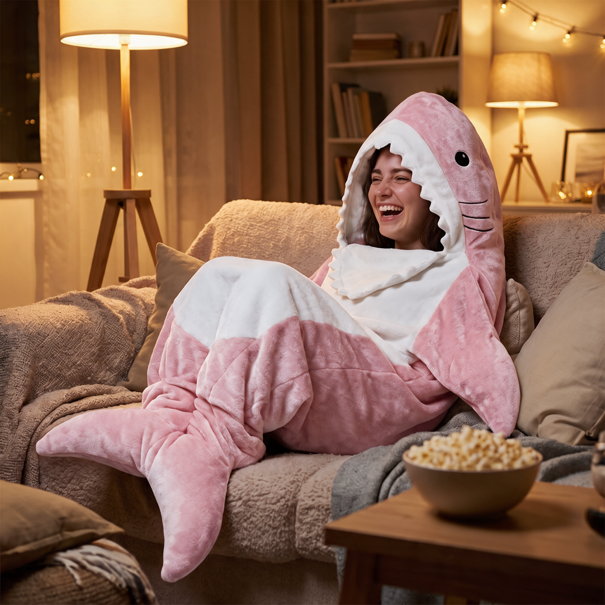 Velmesta Cartoon Shark Hoodie Blanket - Pink