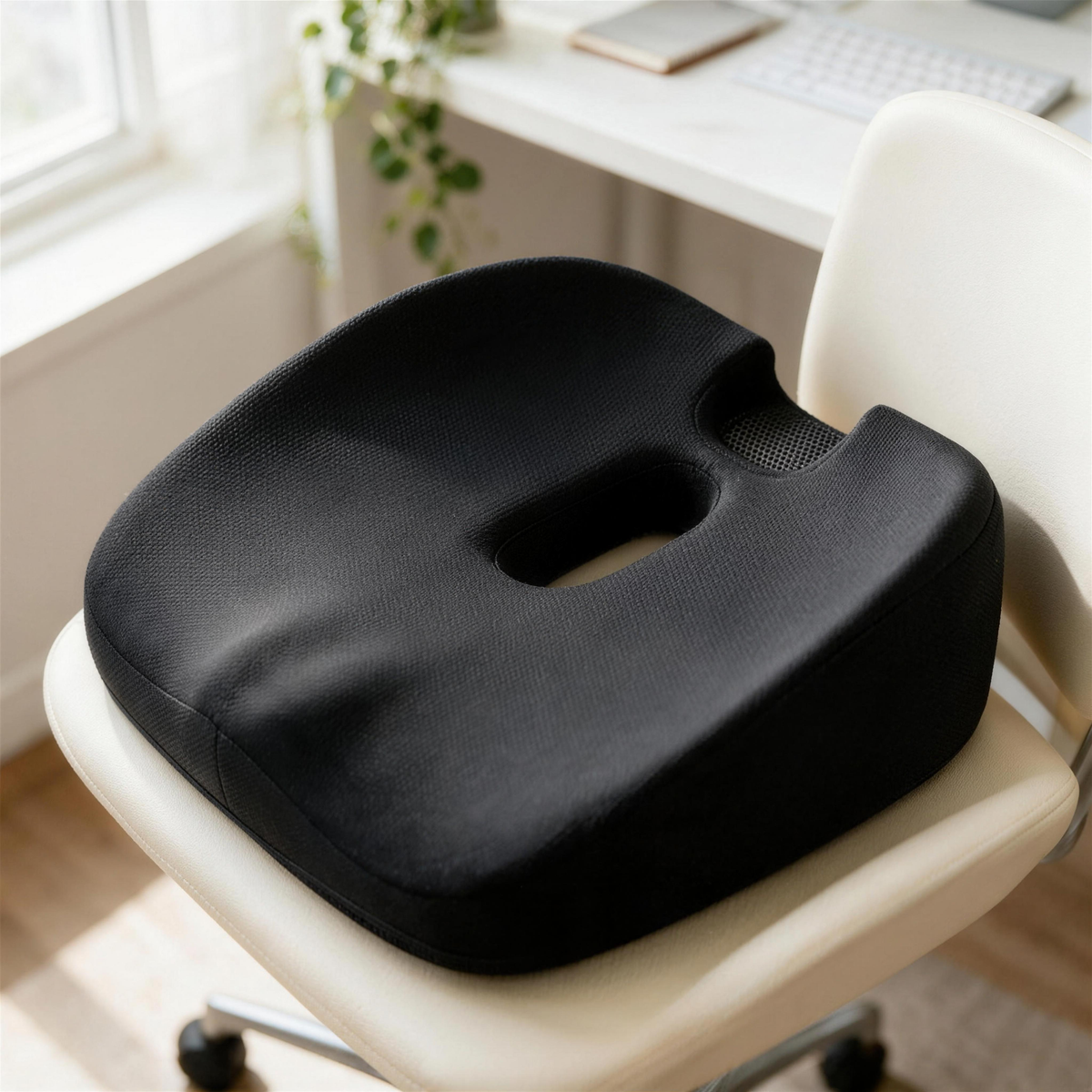 Velmesta Innovative Donut Seat Cushion on an office chair, centre hole and tailbone gap visible