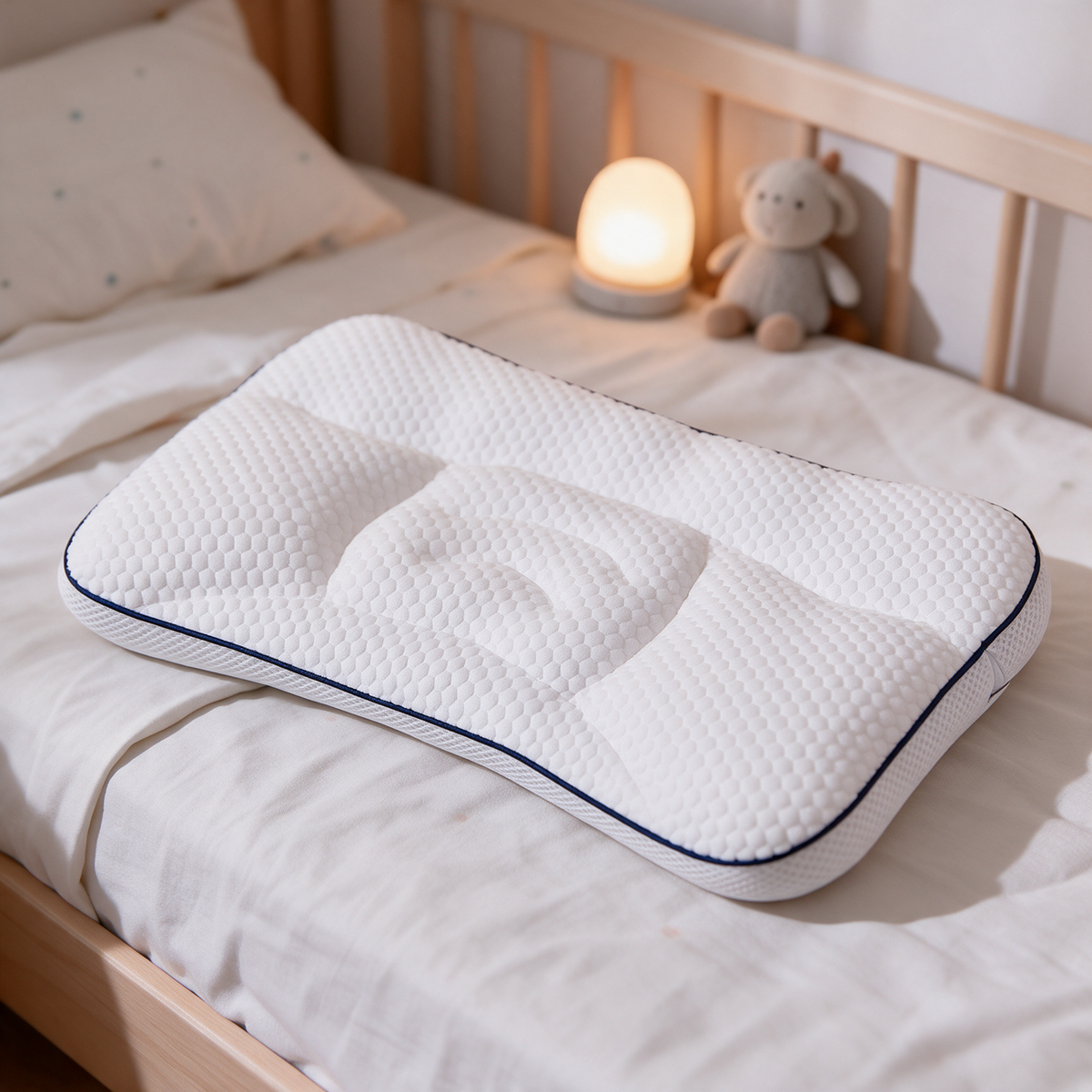 Velmesta Ergonomic Kids Pillow with contoured recess and navy piped edge