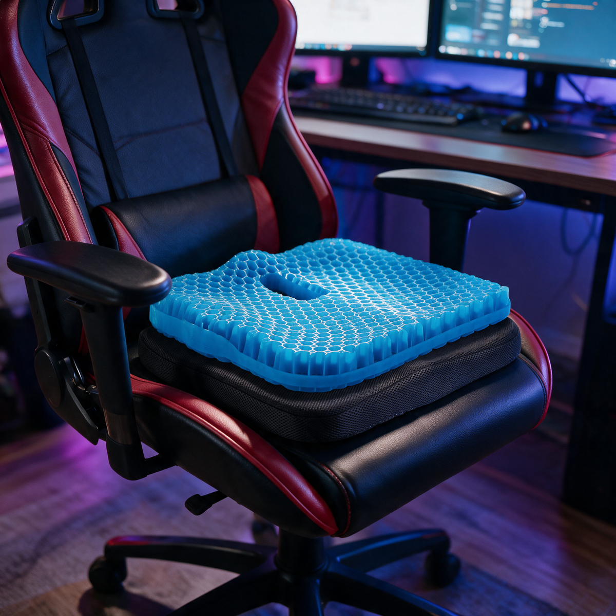 Velmesta honeycomb gel seat cushion with Black washable cover on a gaming chair