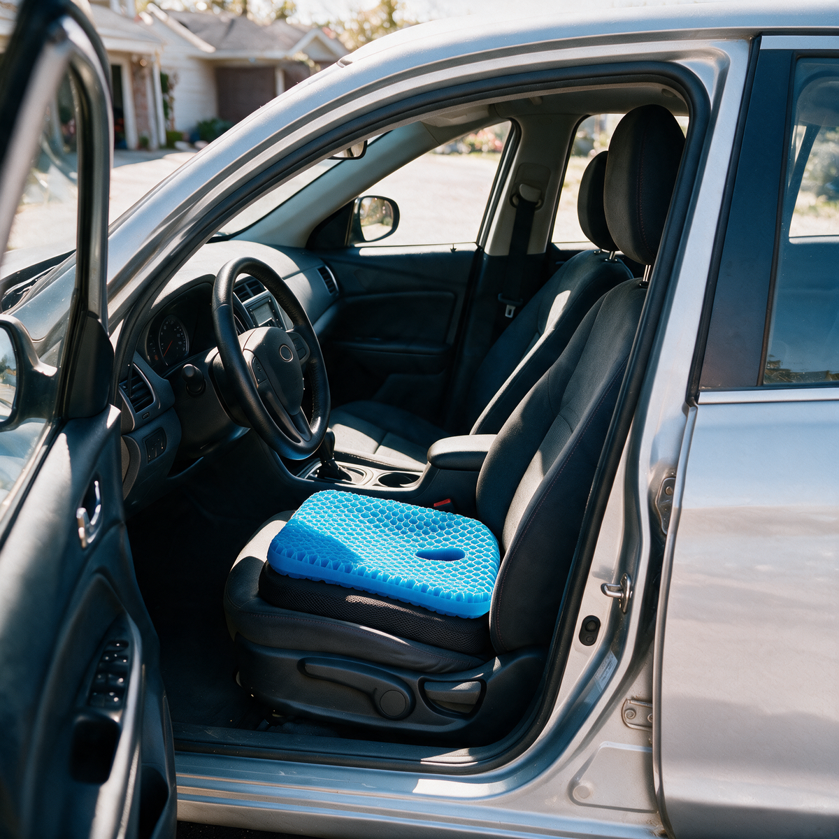 Velmesta honeycomb gel seat cushion with Black washable cover on a car driver seat