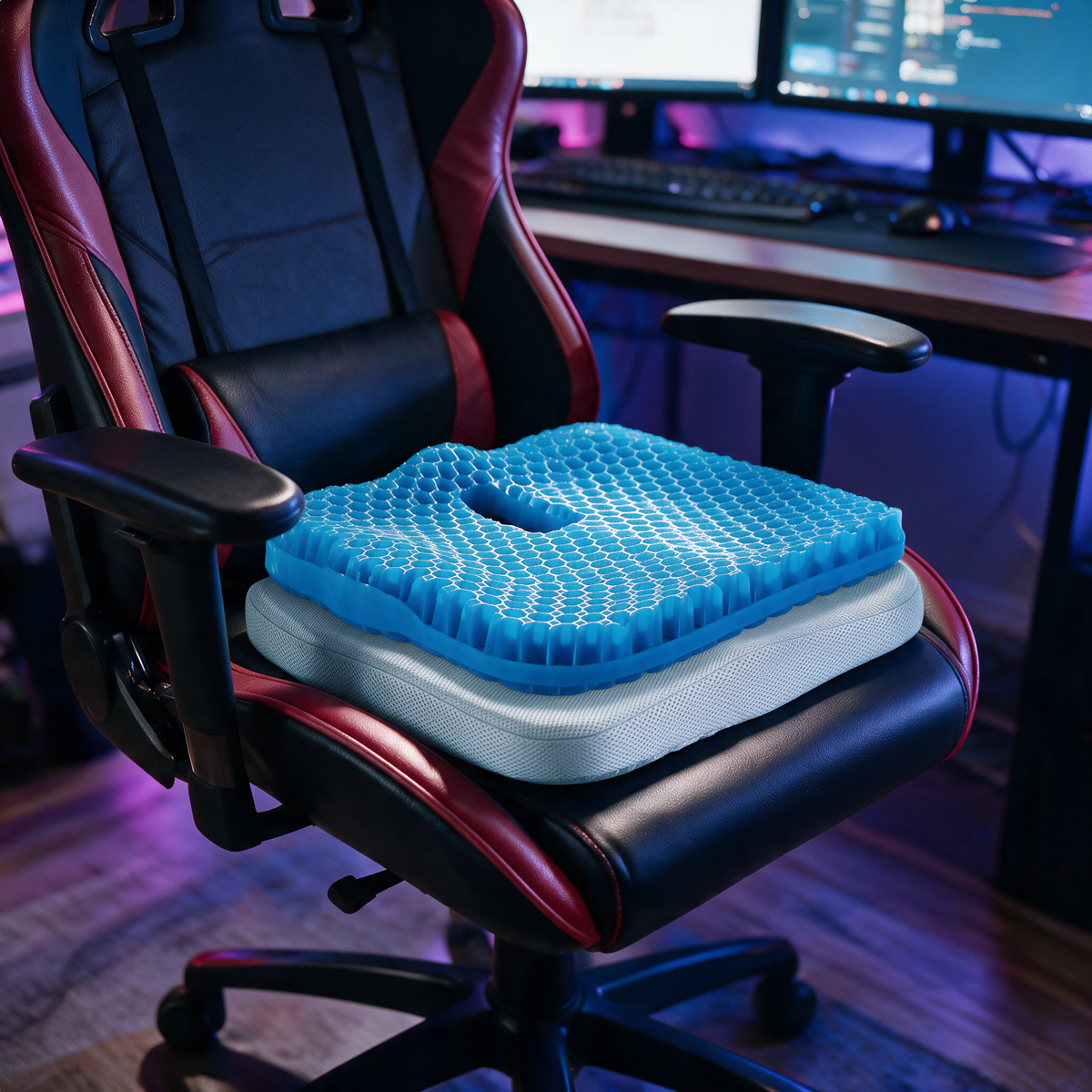 Velmesta honeycomb gel seat cushion with Blue washable cover on a gaming chair