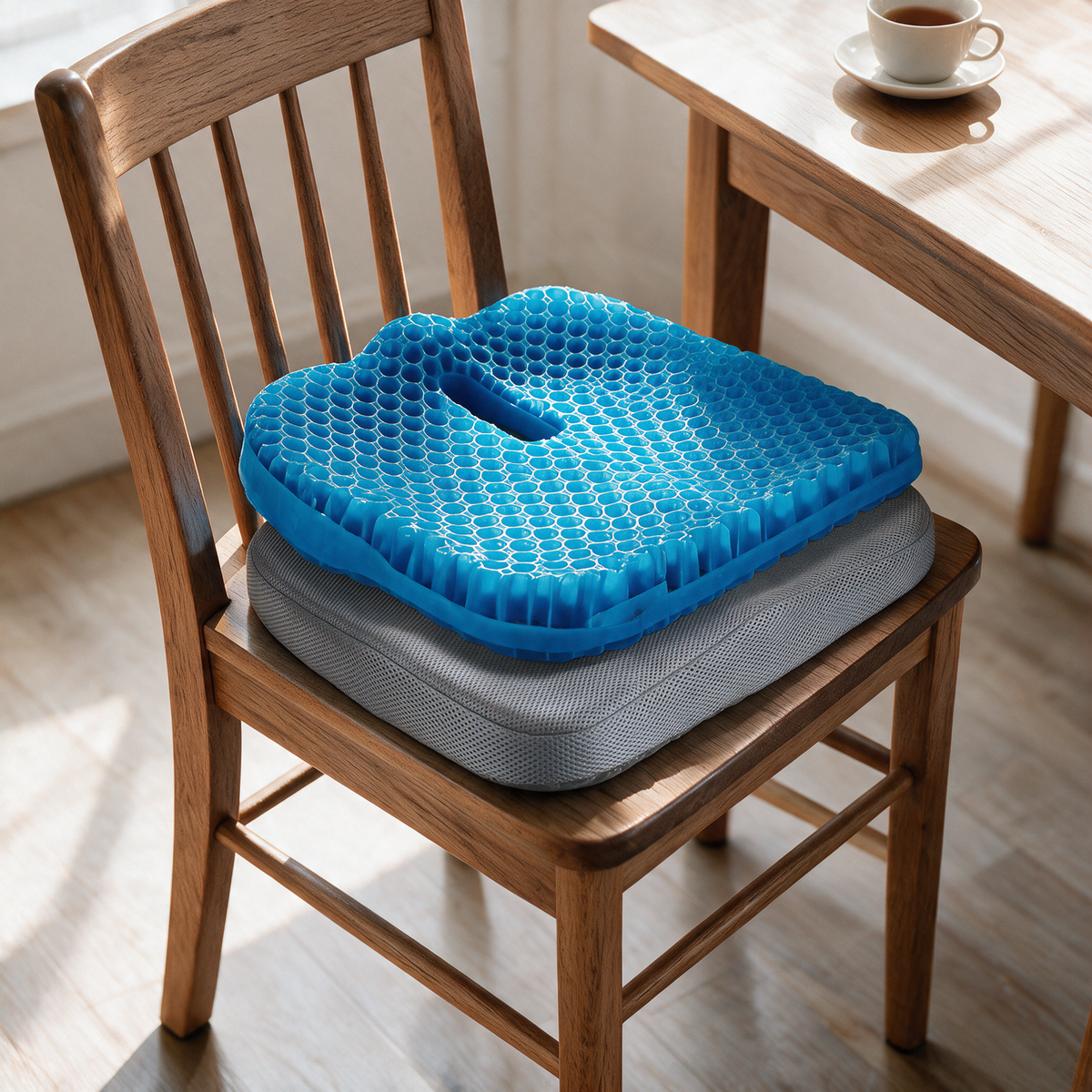 Velmesta honeycomb gel seat cushion with Gray washable cover on a dining chair