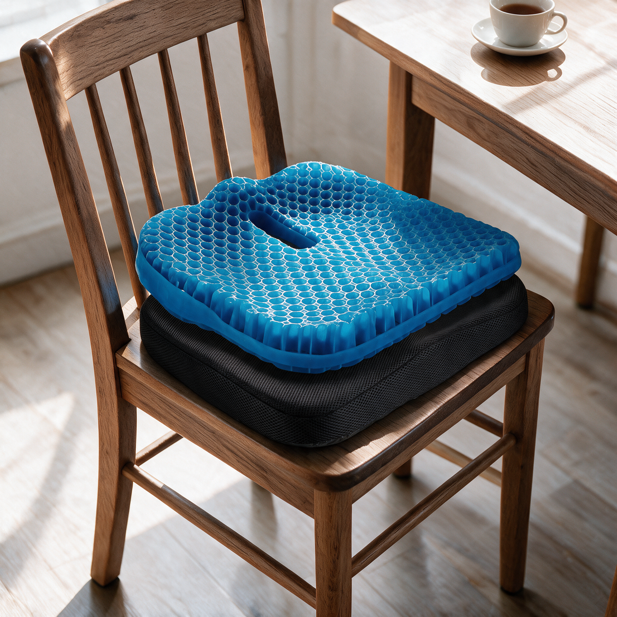 Velmesta honeycomb gel seat cushion with Black washable cover on a dining chair