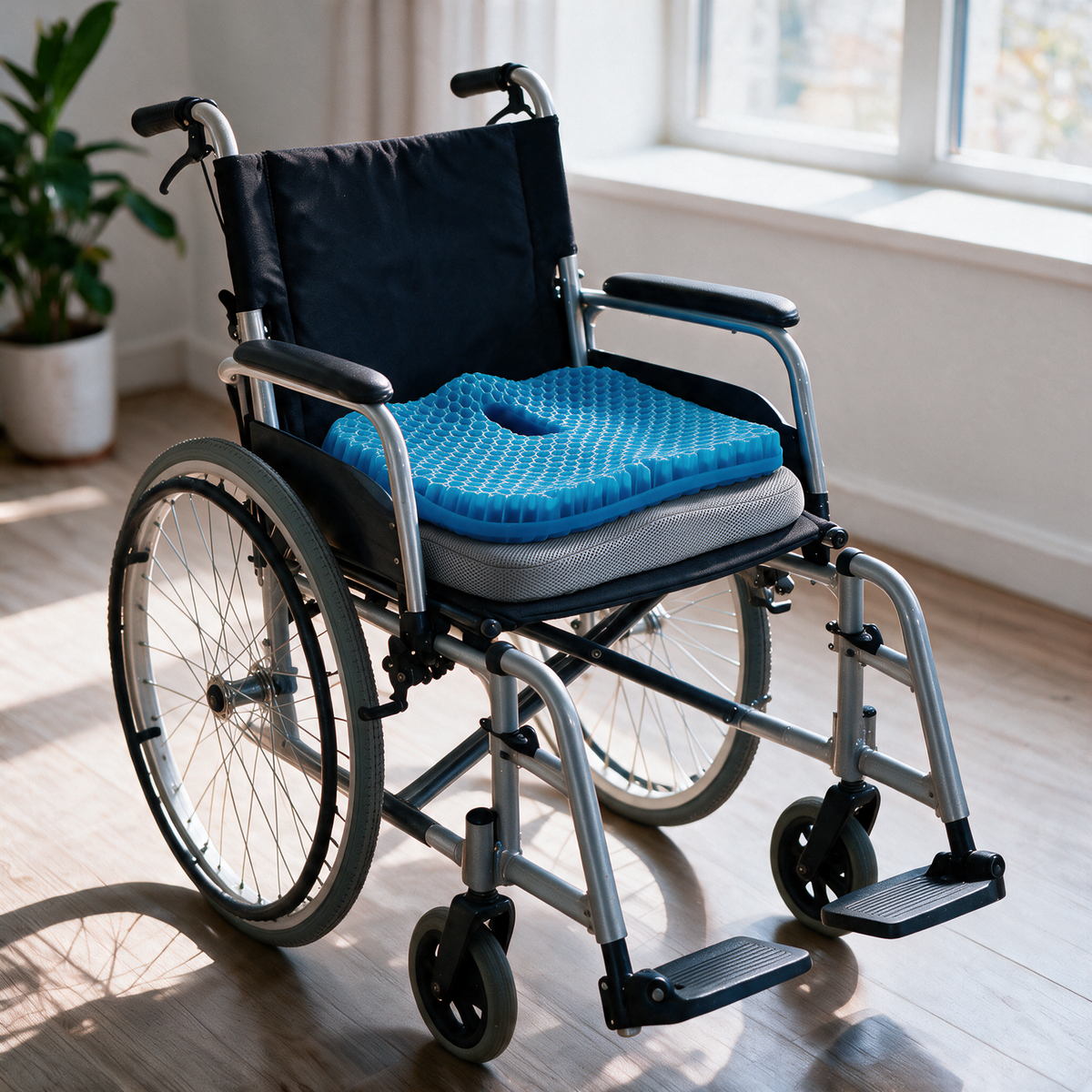 Velmesta honeycomb gel seat cushion with Gray washable cover on a wheelchair