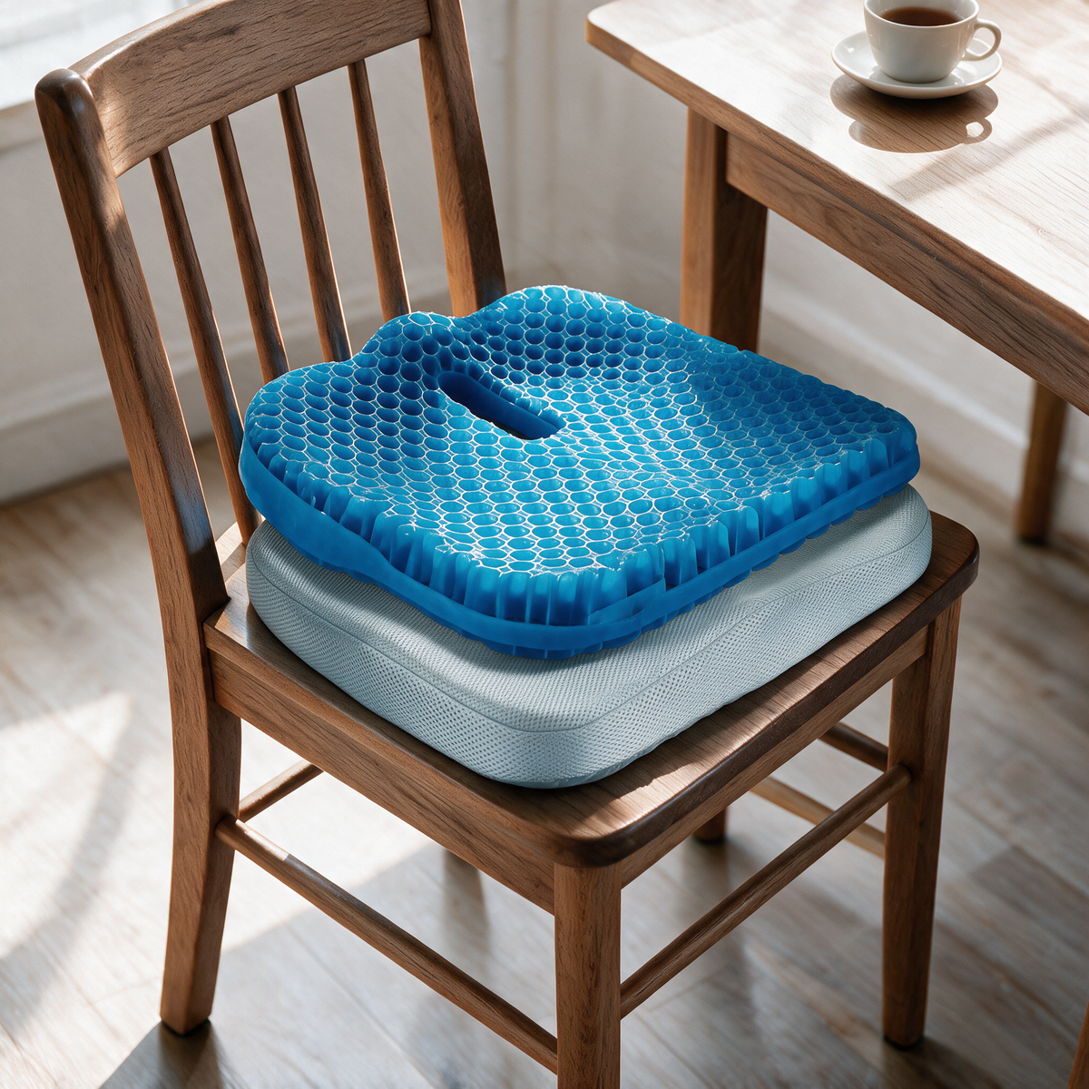 Velmesta honeycomb gel seat cushion with Blue washable cover on a dining chair