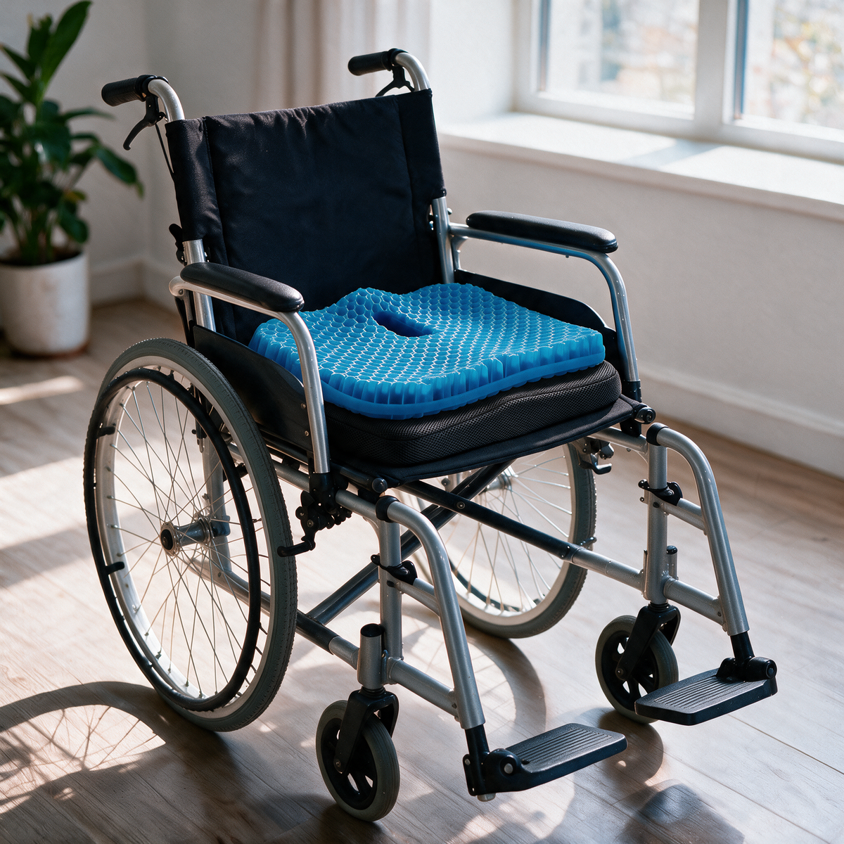 Velmesta honeycomb gel seat cushion with Black washable cover on a wheelchair