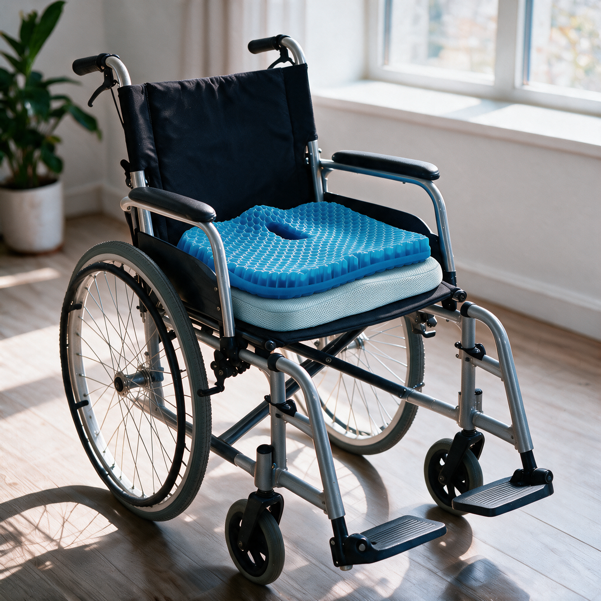 Velmesta honeycomb gel seat cushion with Blue washable cover on a wheelchair