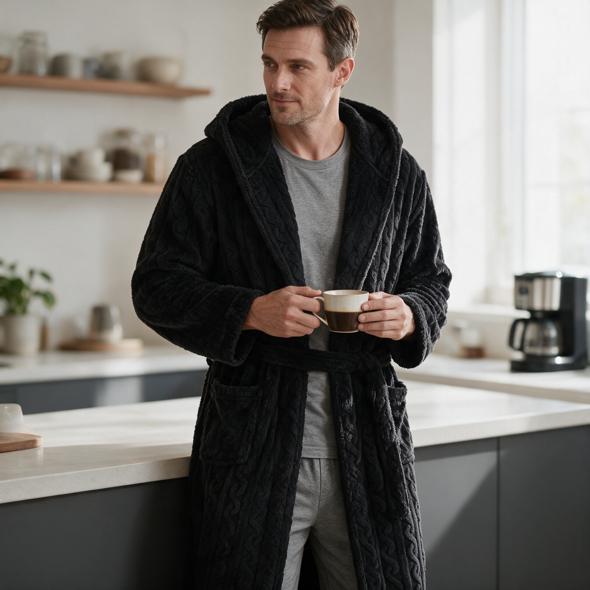 Velmesta Men's Hooded Jacquard Flannel Robe