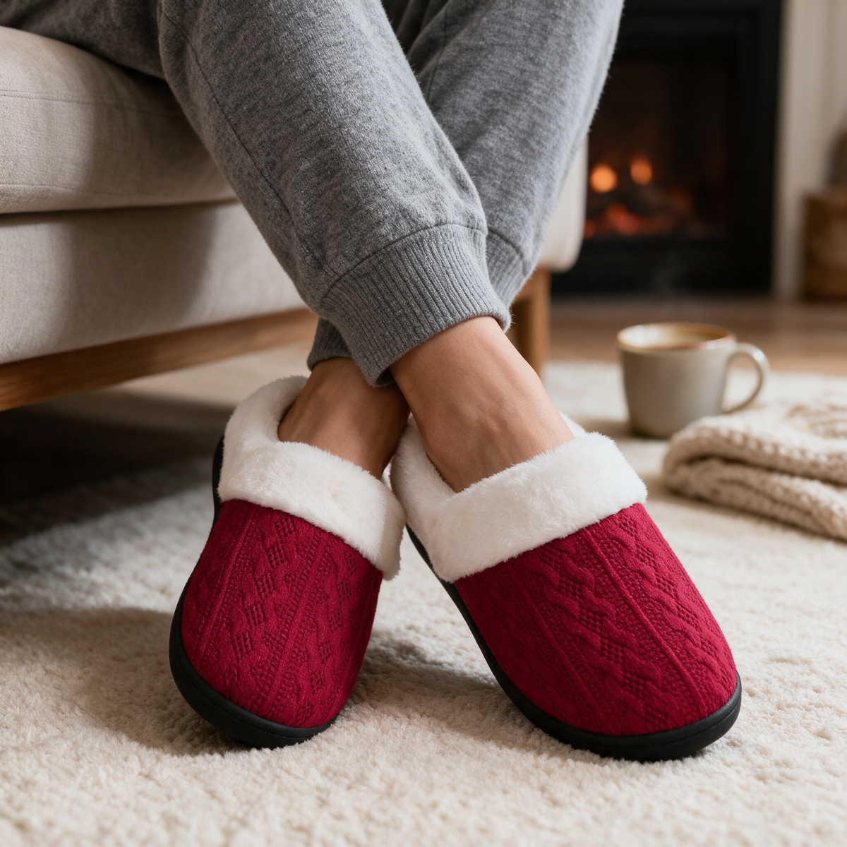 Velmesta Faux Fur Lined Knit House Slippers
