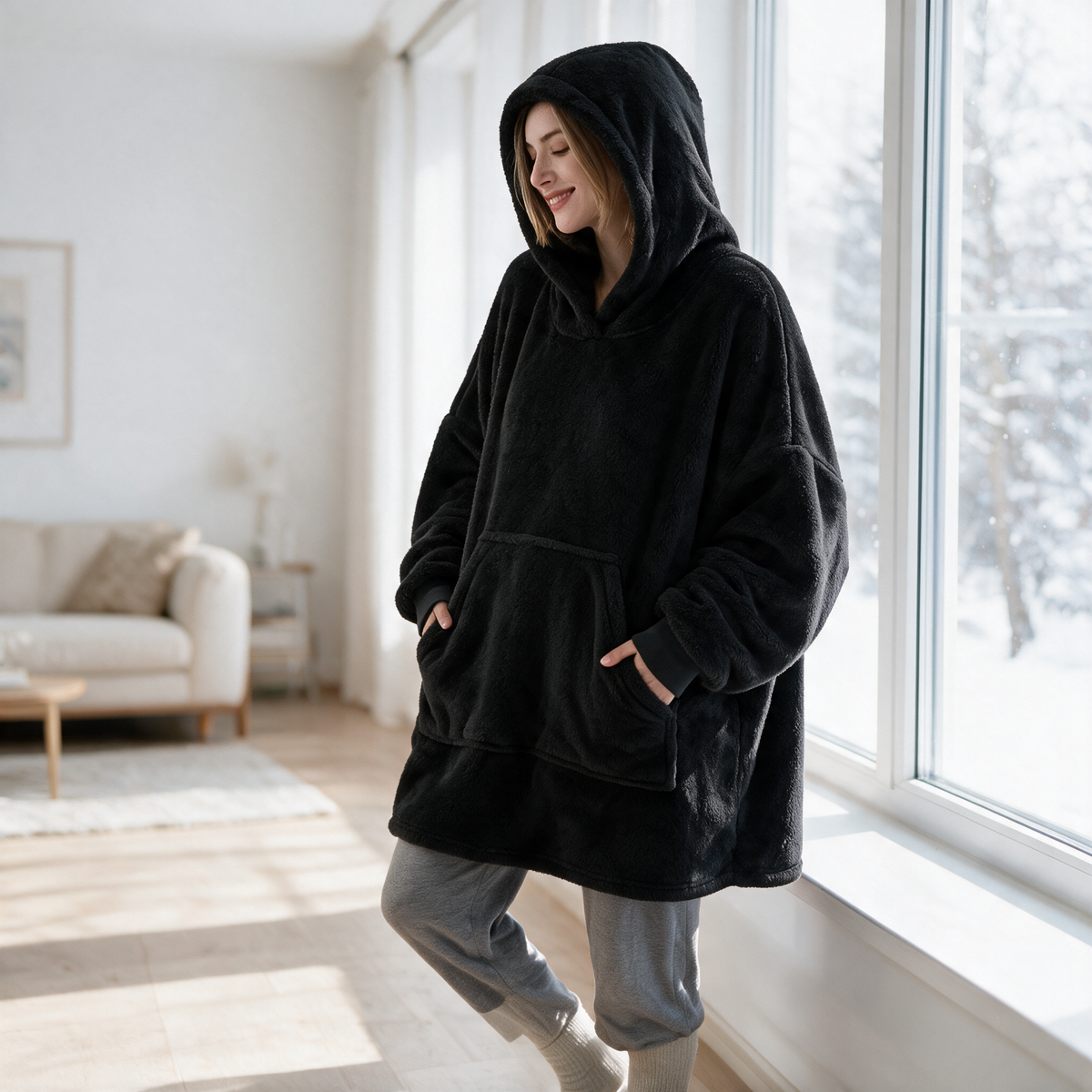 Velmesta Oversized Double Fleece Blanket Hoodie in Black
