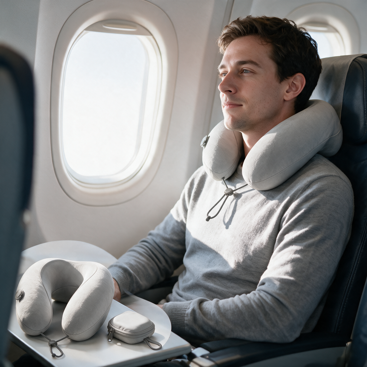 Velmesta Inflatable Travel Neck Pillow with Pocket Case in Light Gray