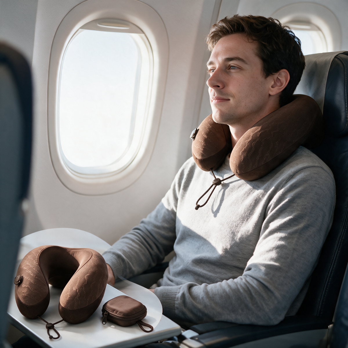 Velmesta Inflatable Travel Neck Pillow with Pocket Case in Brown