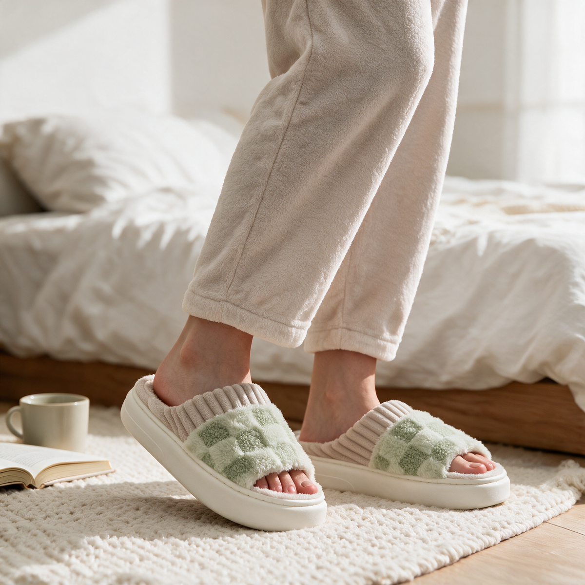Velmesta Checkered Fuzzy House Slippers in Green