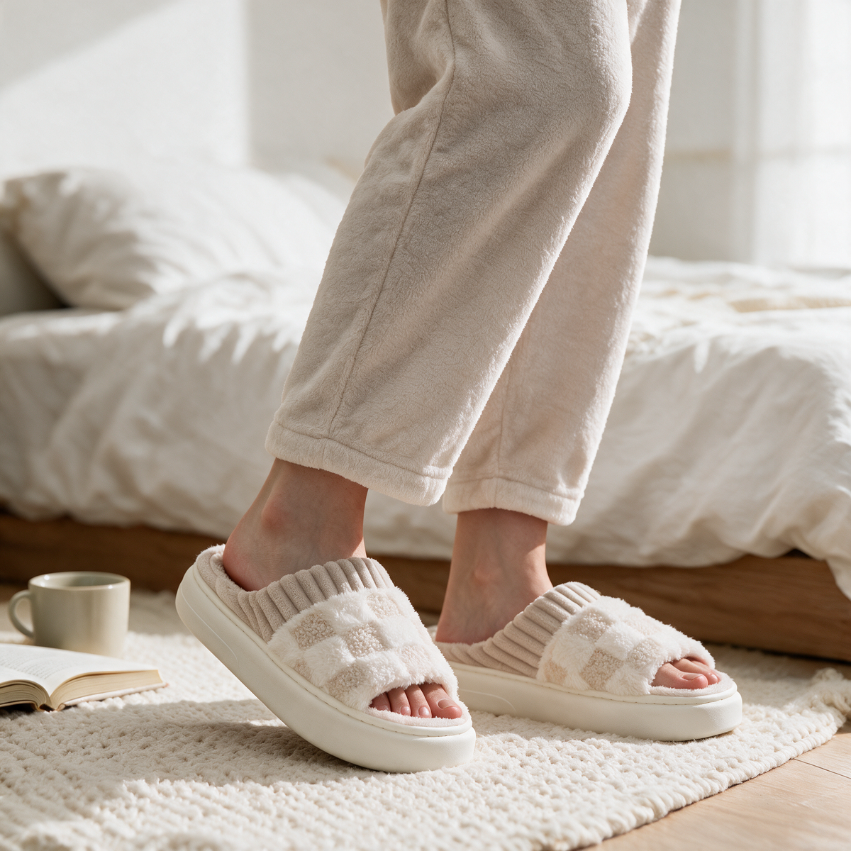 Velmesta Checkered Fuzzy House Slippers in White