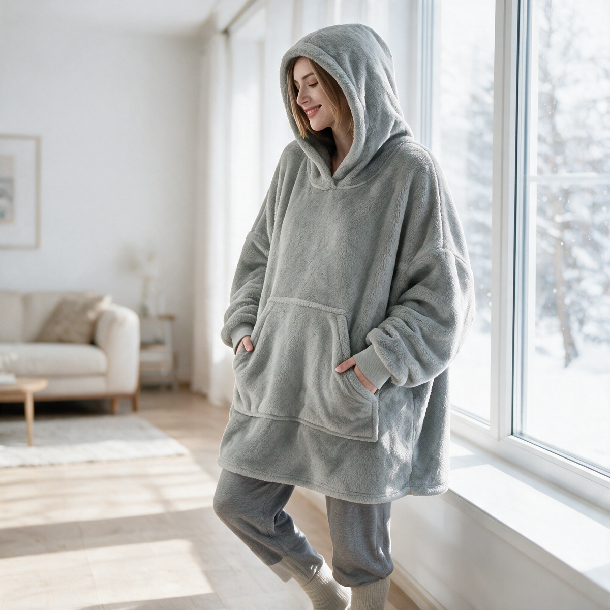 Velmesta Oversized Double Fleece Blanket Hoodie in Light Gray