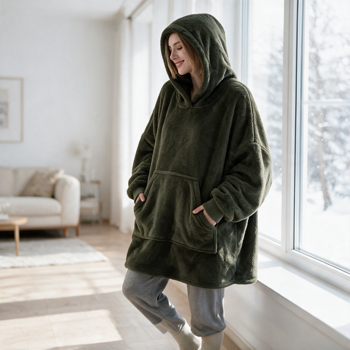 Velmesta Oversized Double Fleece Blanket Hoodie in Army Green