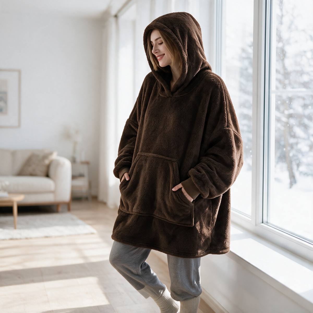 Velmesta Oversized Double Fleece Blanket Hoodie in Dark Brown