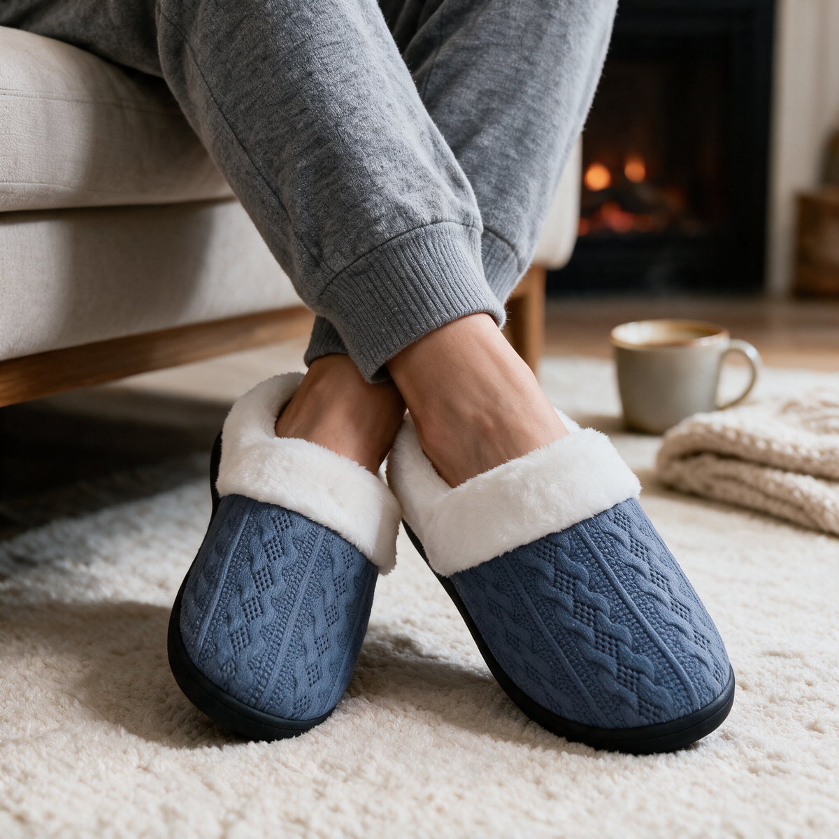 Velmesta Faux Fur Lined Knit House Slippers in Blue