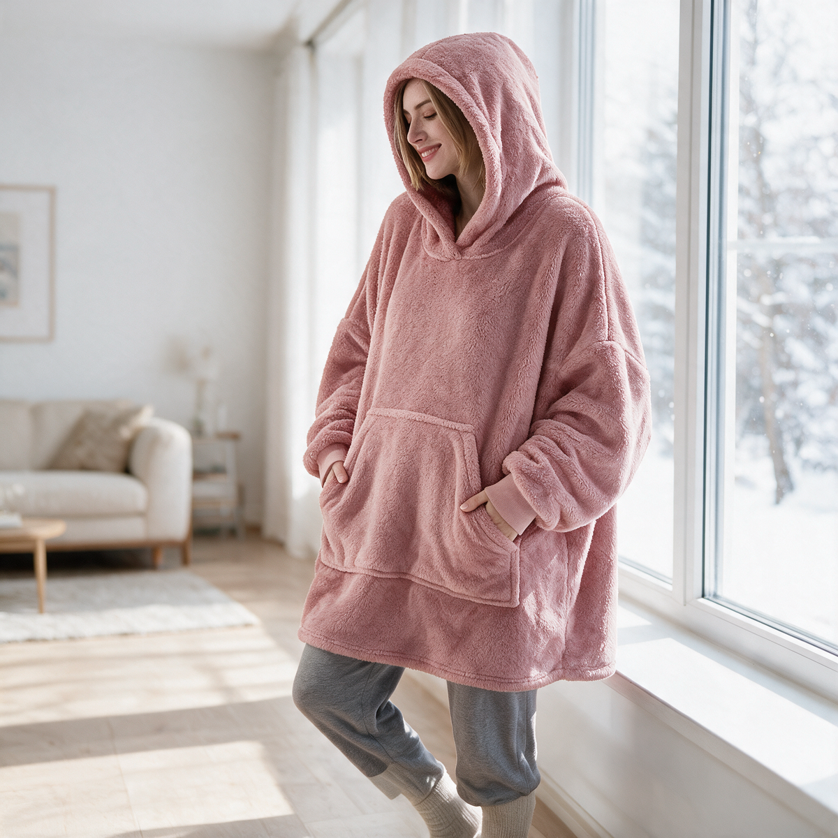 Velmesta Oversized Double Fleece Blanket Hoodie in Pink