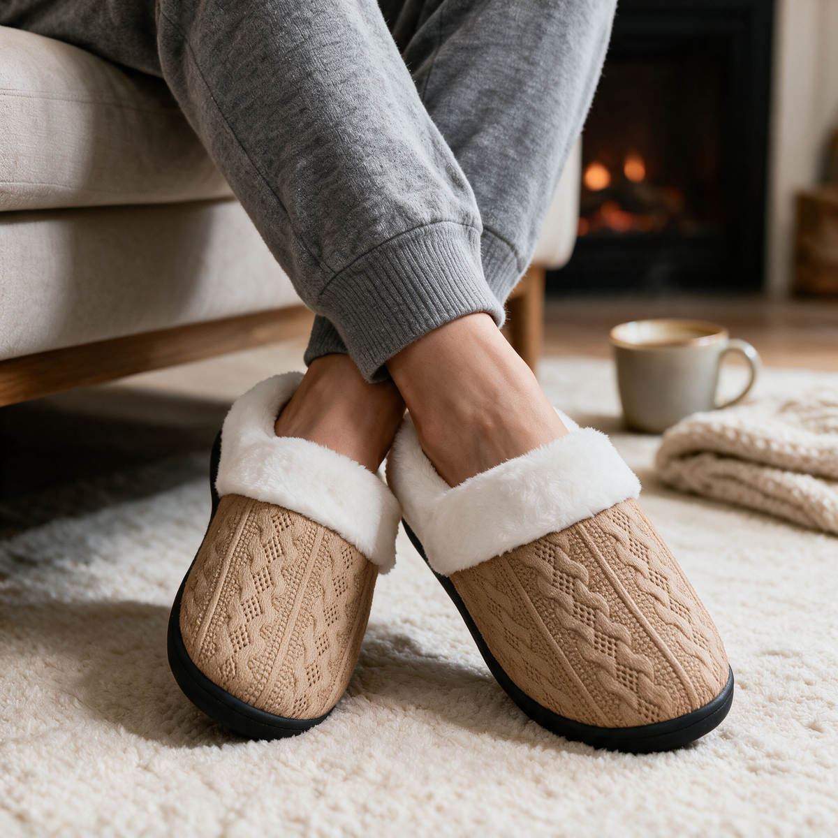 Velmesta Faux Fur Lined Knit House Slippers in Khaki