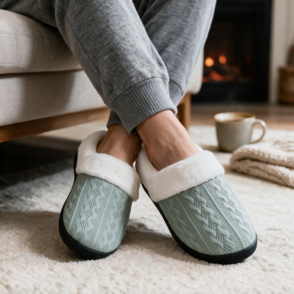 Velmesta Faux Fur Lined Knit House Slippers in Green