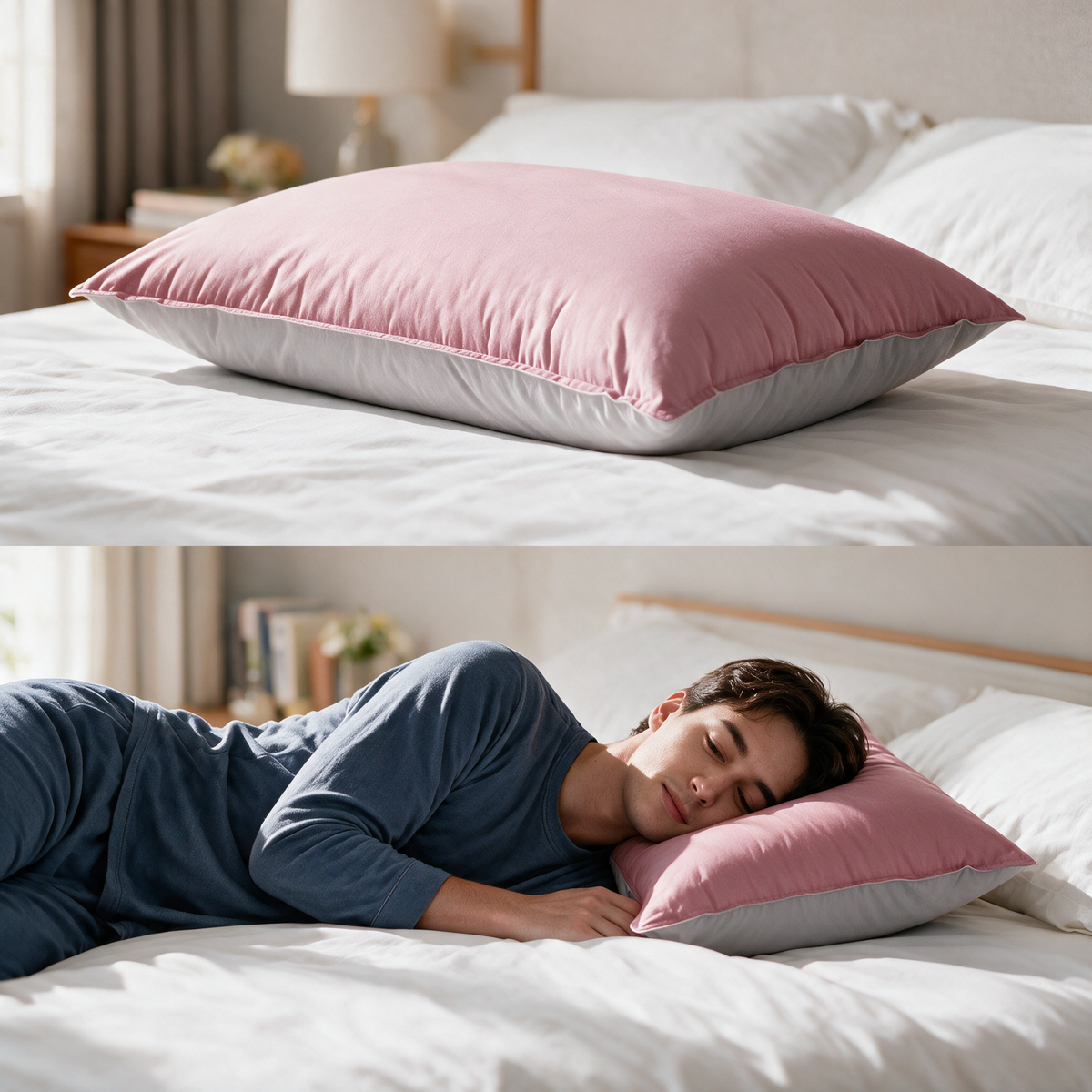 Velmesta Rectangle Medium Support Cotton Pillow in Rose & Light Gray