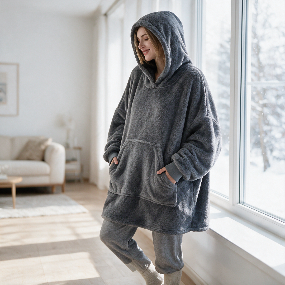 Velmesta Oversized Double Fleece Blanket Hoodie in Dark Gray