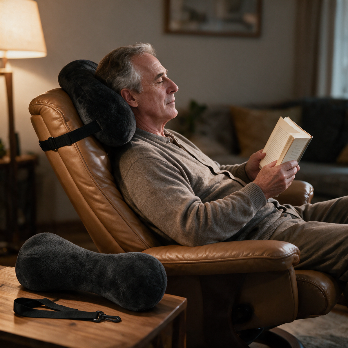 Velmesta Plush Recliner Neck Pillow with Strap in Black