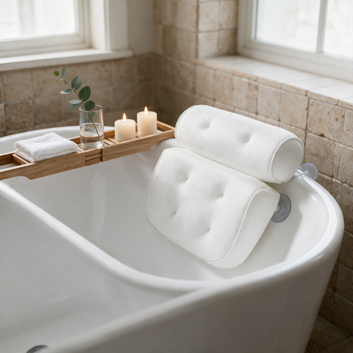 Velmesta spa bath pillow with suction cups in a bathtub
