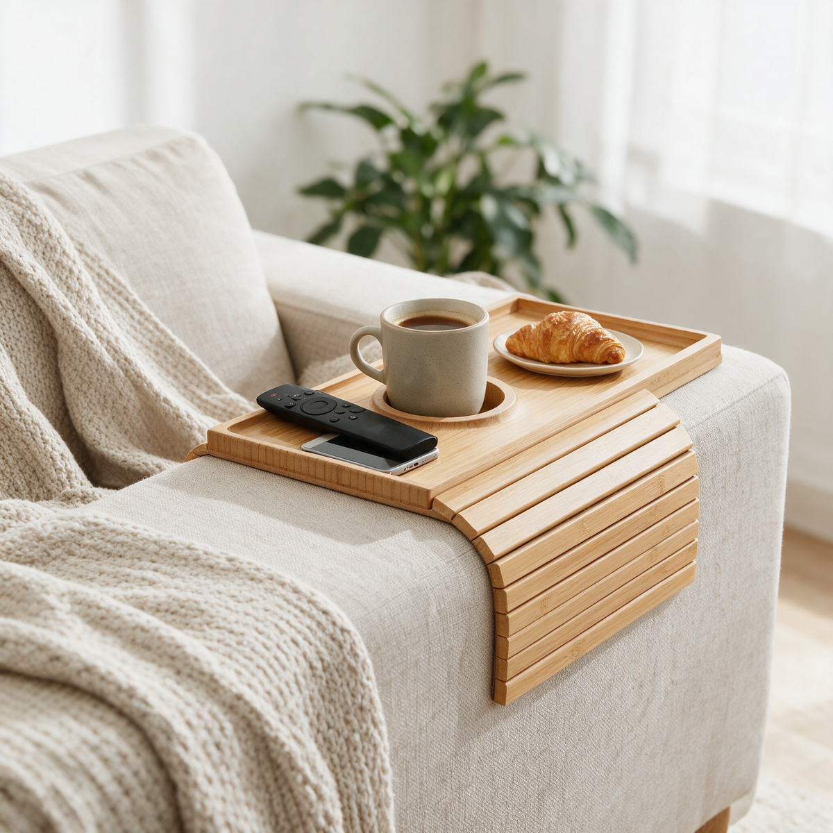 Velmesta bamboo sofa arm tray with cup holder