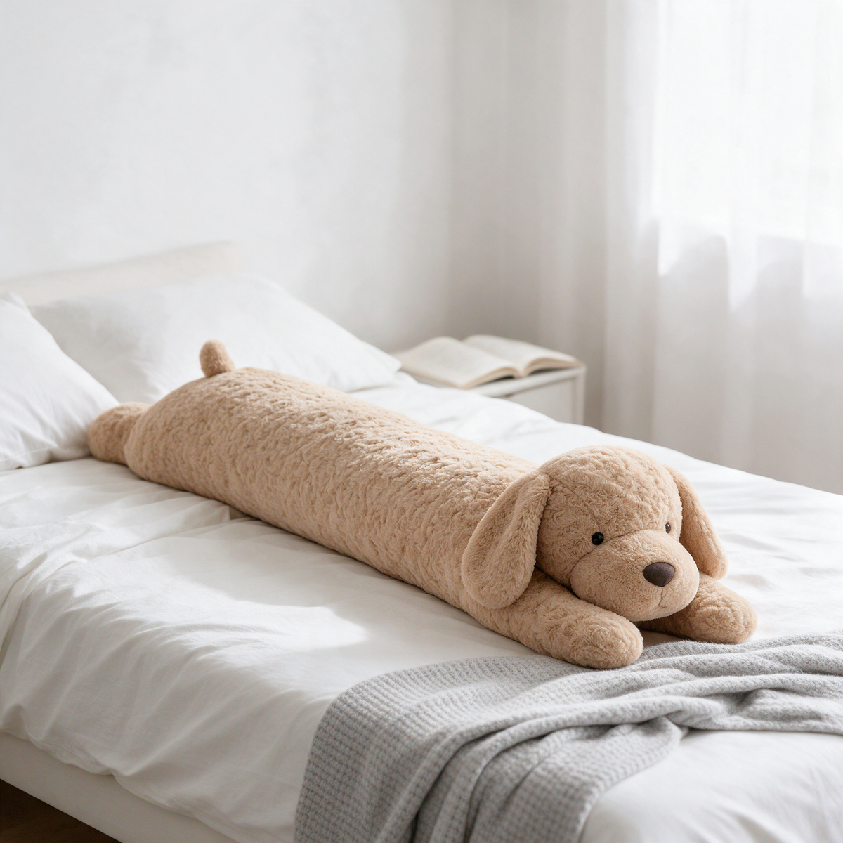 Velmesta plush puppy body pillow on a bed