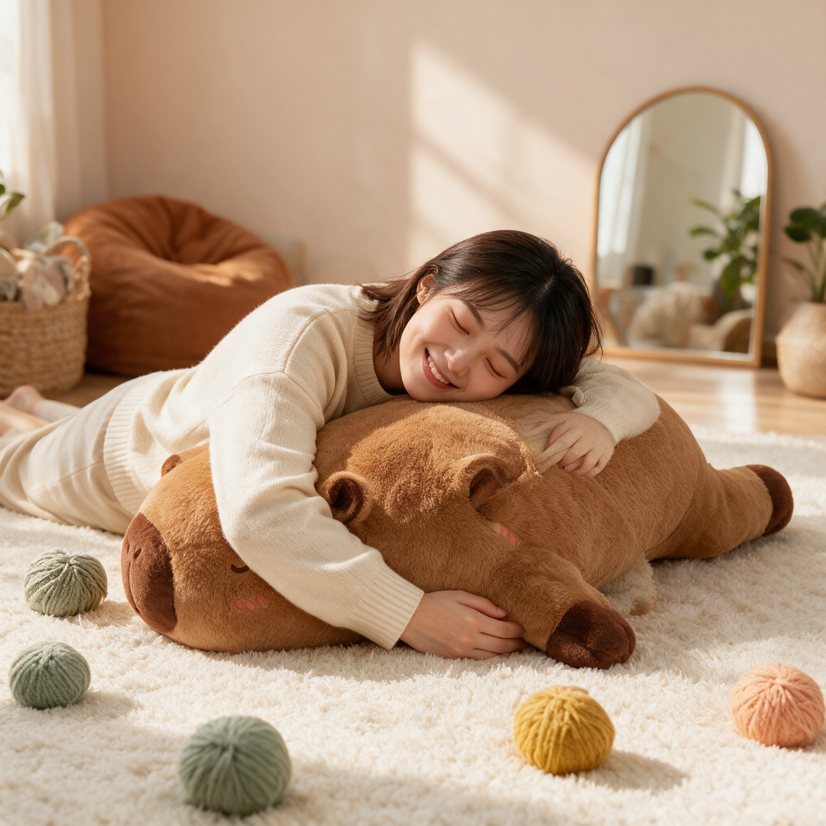 Woman hugging the Velmesta giant capybara plush pillow