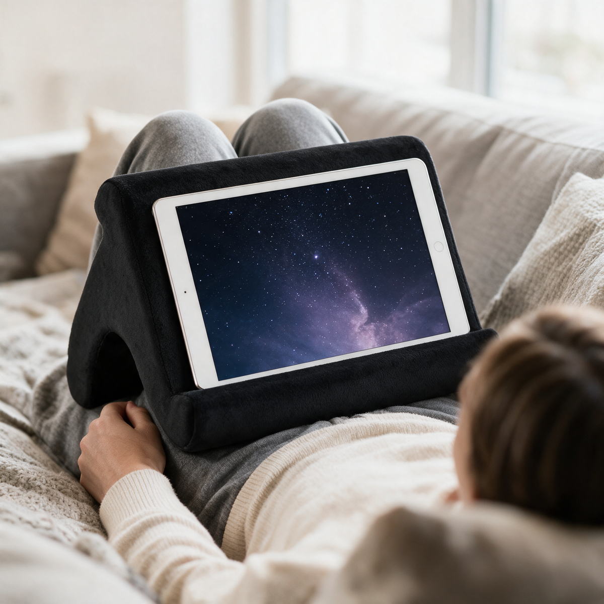 Velmesta black tablet pillow stand holding a tablet on a lap