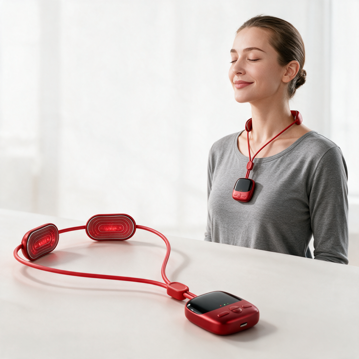 Velmesta red EMS heated neck massager with both pads and controller, worn by a woman