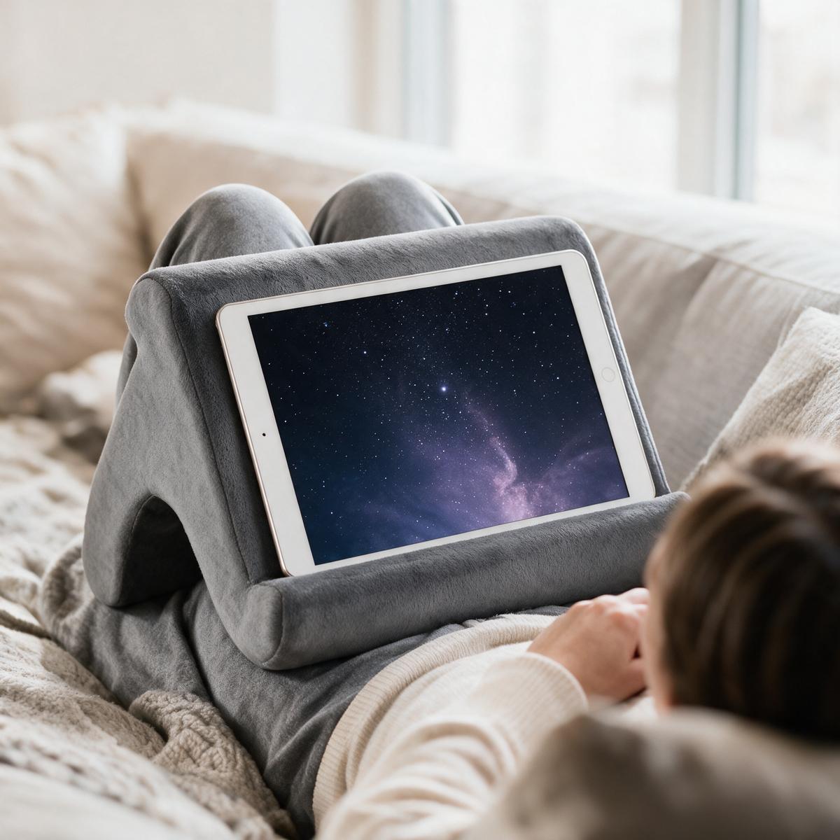 Velmesta grey tablet pillow stand holding a tablet on a lap
