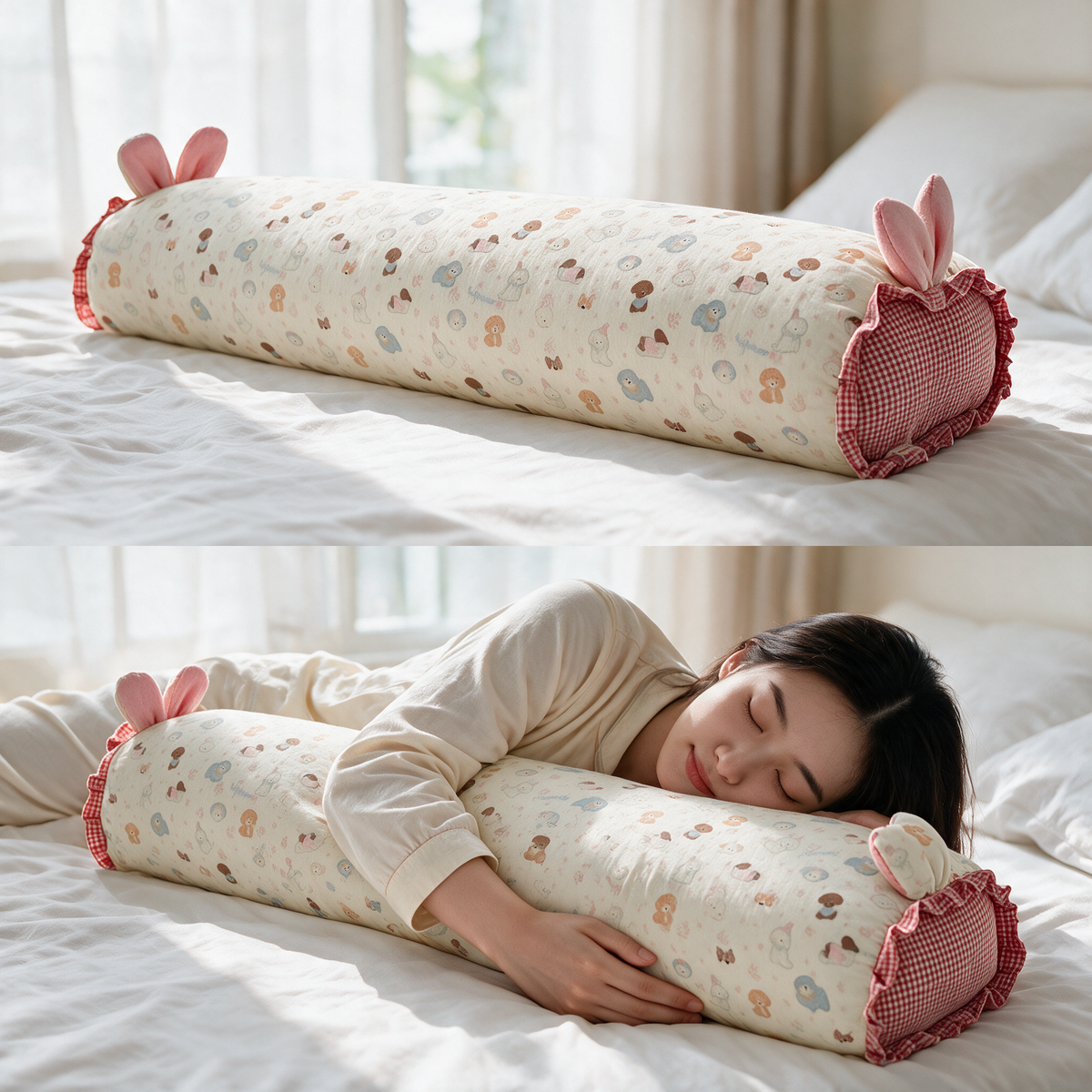Velmesta cotton gauze bunny ear body pillow in Bear Red