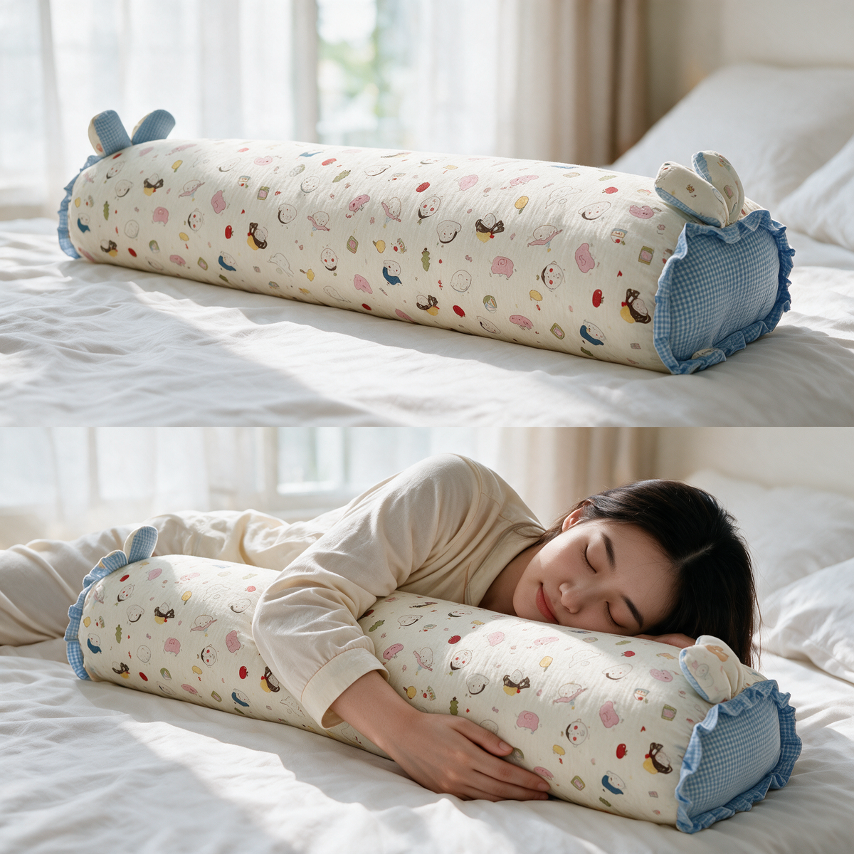 Velmesta cotton gauze bunny ear body pillow in Cartoon Blue