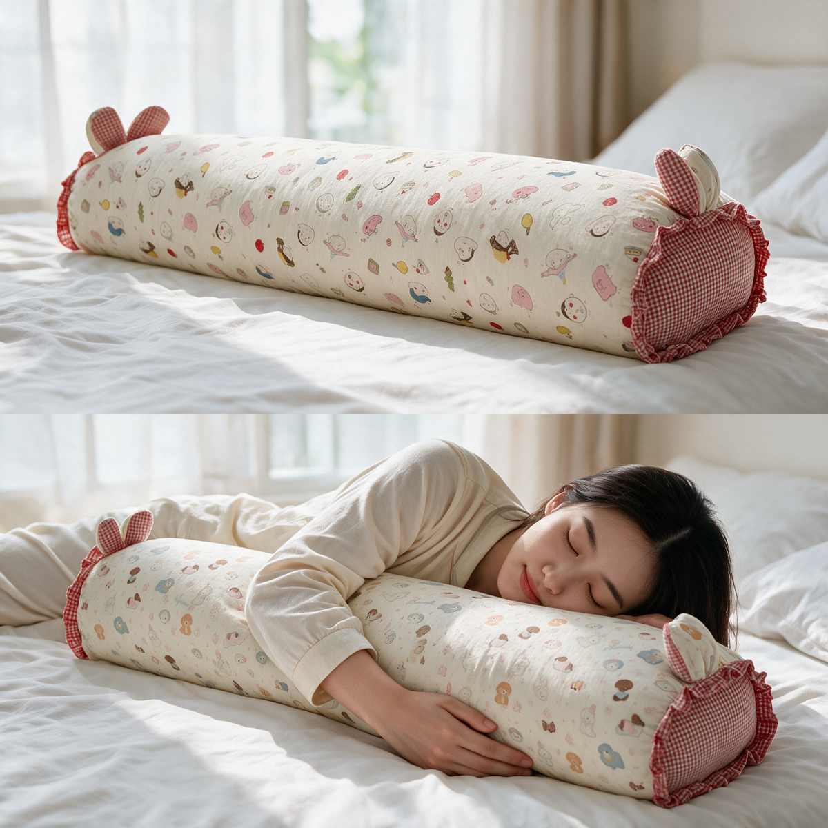 Velmesta cotton gauze bunny ear body pillow in Cartoon Red