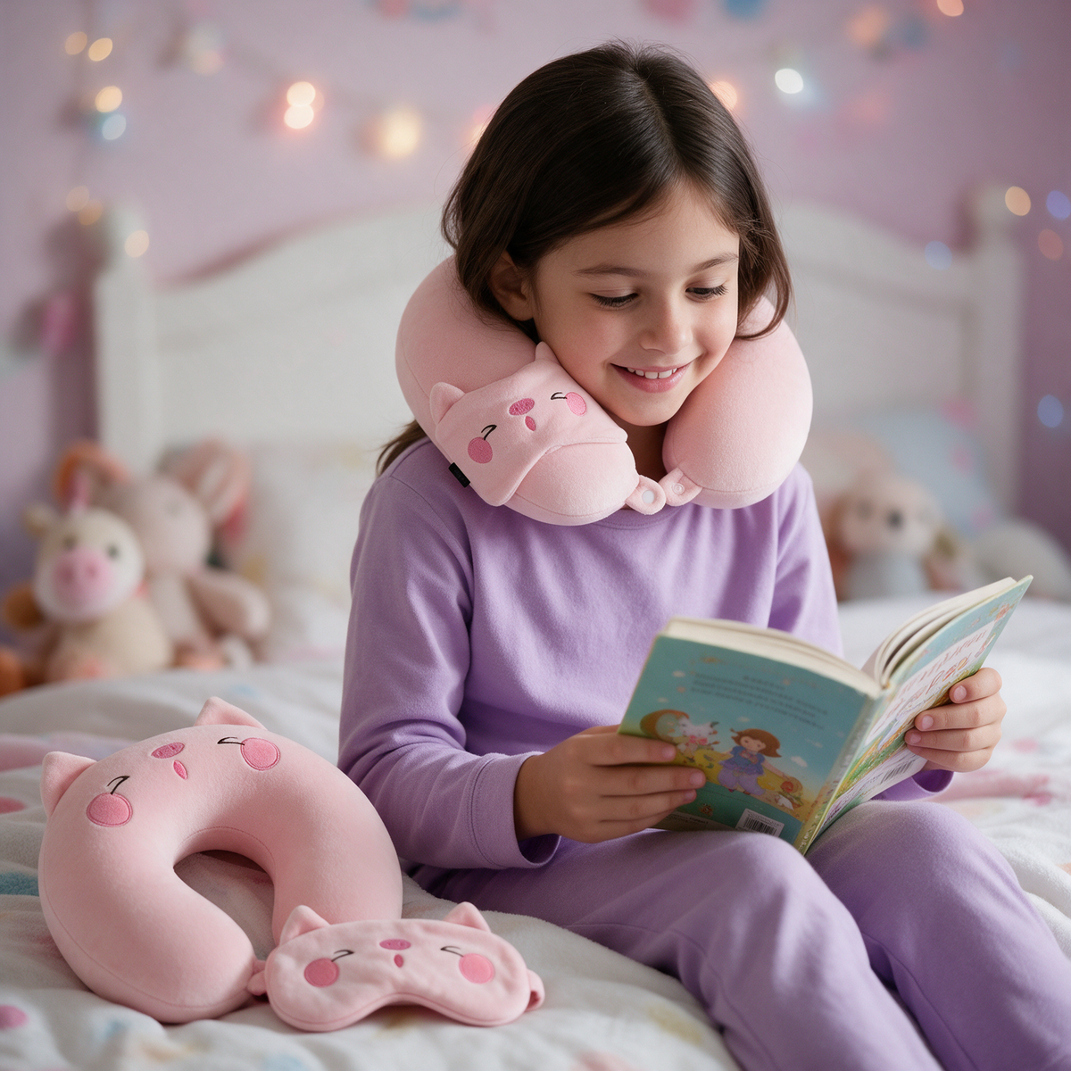 Velmesta pink cat-pig memory foam travel pillow with eye mask