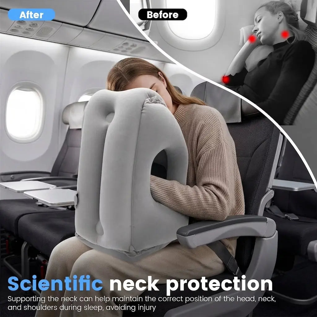 Velmesta Inflatable Travel Headrest supports the head on a flight