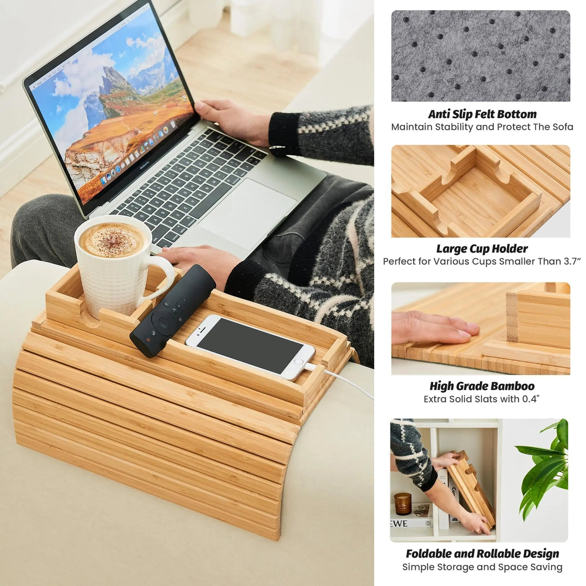 Velmesta Bamboo Sofa Arm Tray with Cup Holder view 3