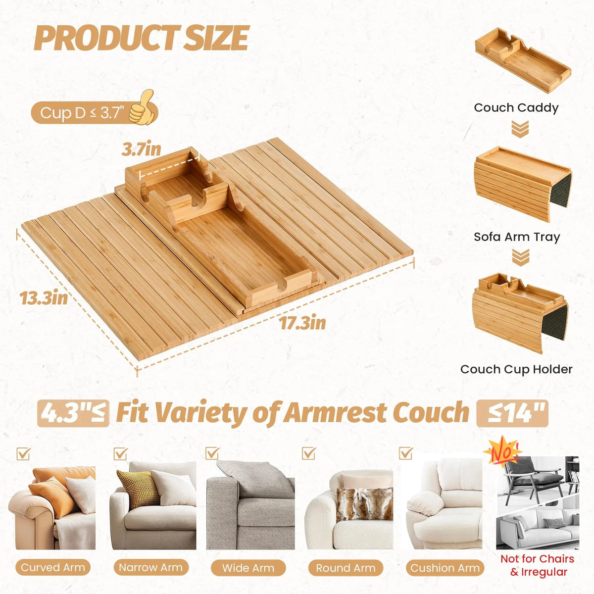 Velmesta Bamboo Sofa Arm Tray with Cup Holder view 4